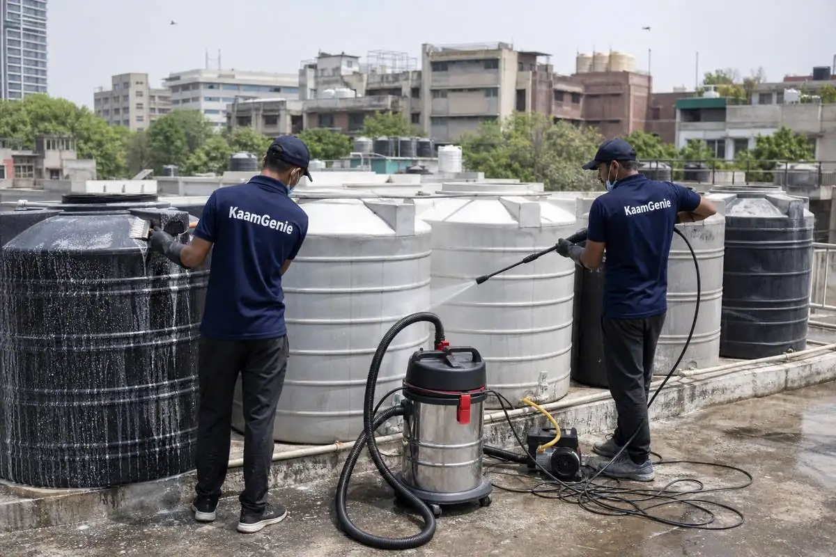 KaamGenie crew cleaning a society water tank in Lodi Road, Delhi