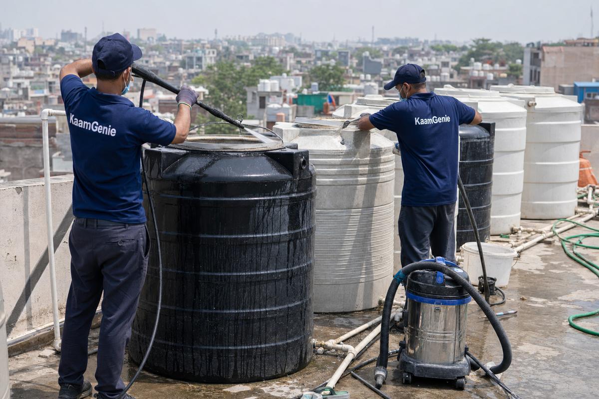KaamGenie crew cleaning a society water tank in Madanpur Khadar, Delhi