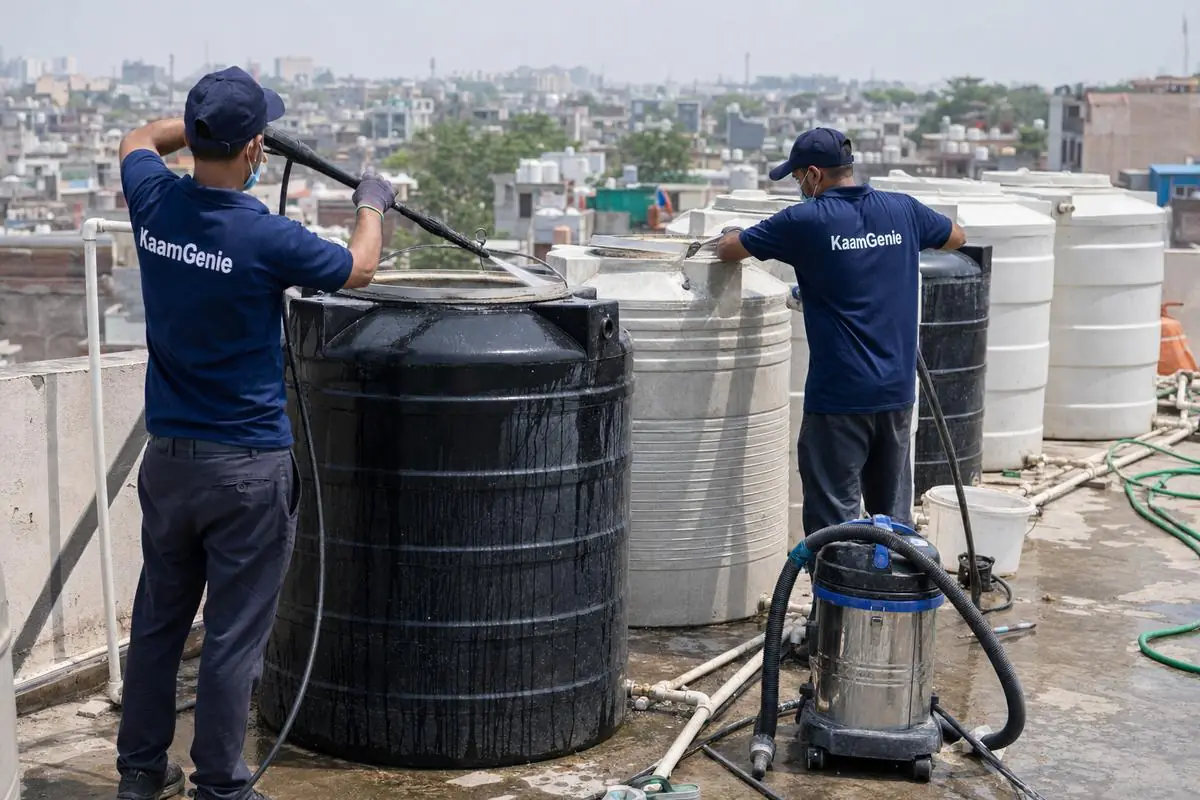 KaamGenie crew cleaning a society water tank in Madanpur Khadar, Delhi
