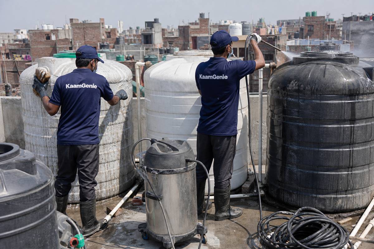 KaamGenie crew cleaning a society water tank in Mahabir Nagar, Delhi