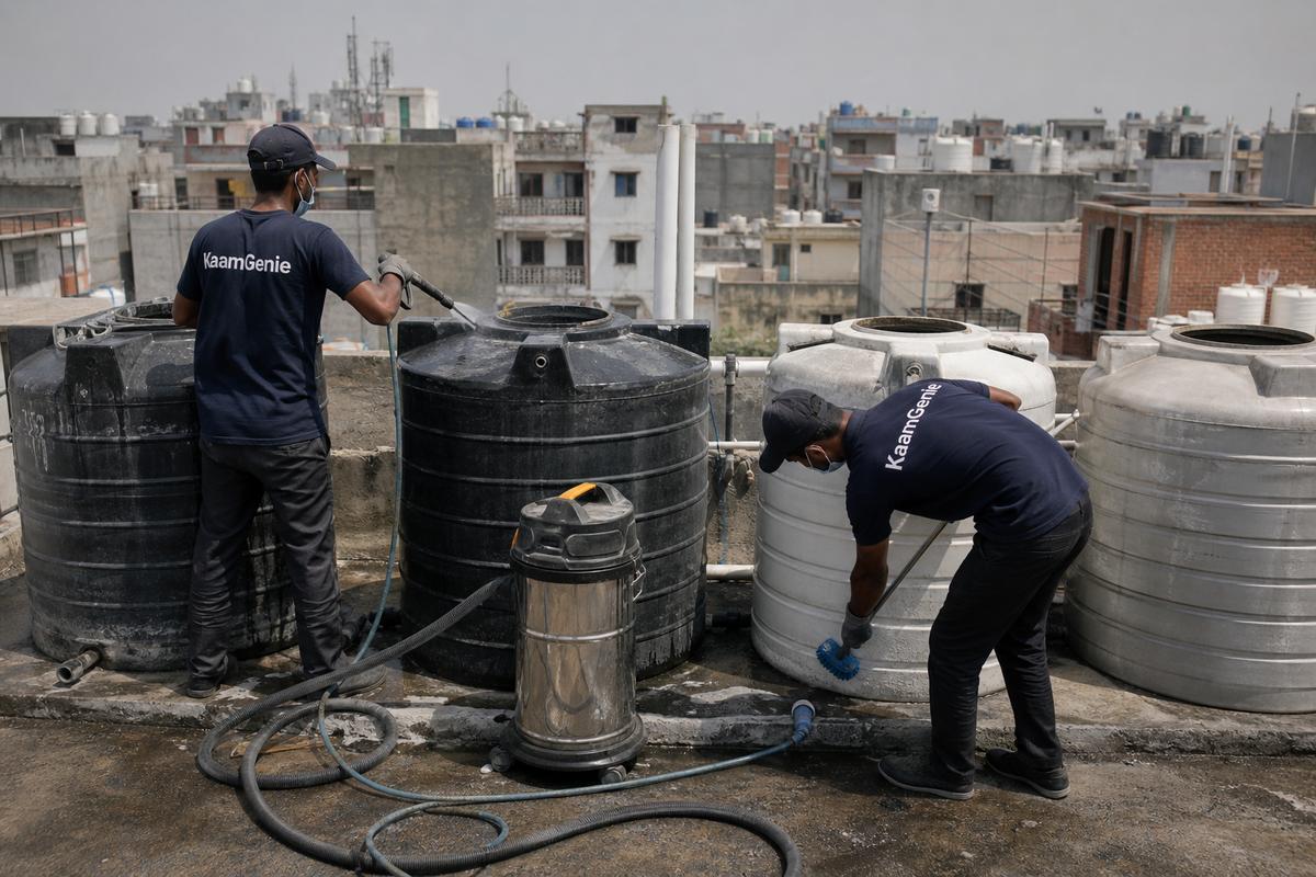 KaamGenie crew cleaning a society water tank in Mahavir Enclave, Delhi