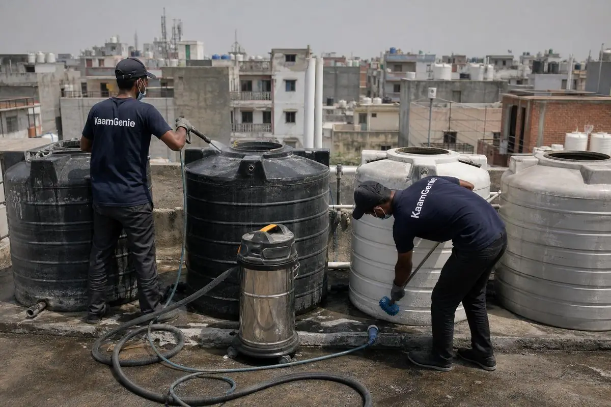 KaamGenie crew cleaning a society water tank in Mahavir Enclave, Delhi