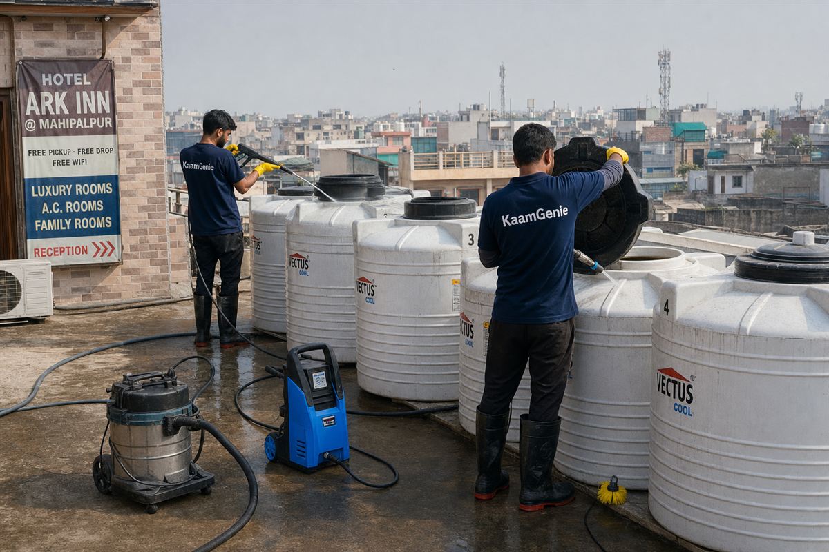 KaamGenie crew cleaning a society water tank in Mahipalpur, Delhi