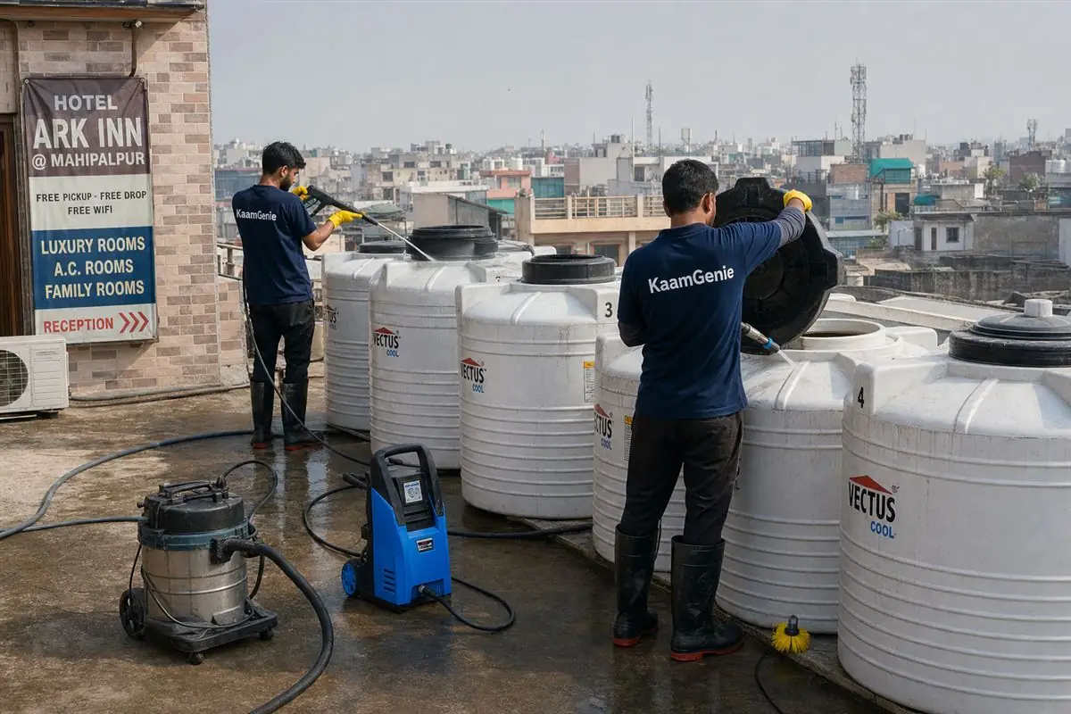 KaamGenie crew cleaning a society water tank in Mahipalpur, Delhi