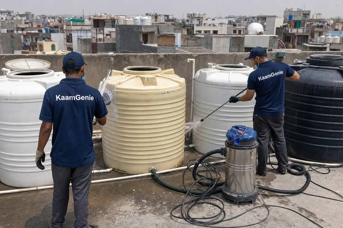 KaamGenie crew cleaning a society water tank in Maidan Garhi, Delhi