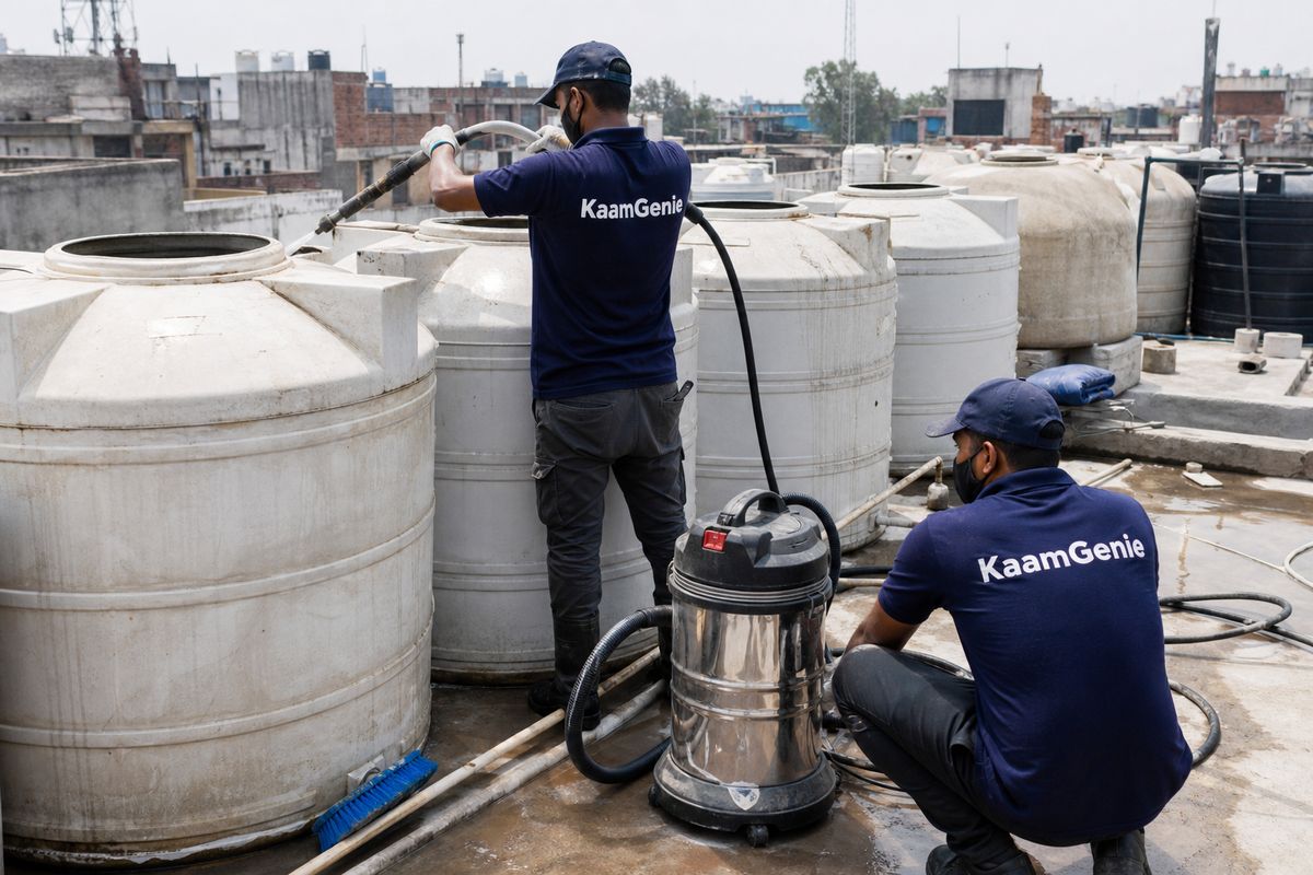 KaamGenie crew cleaning a society water tank in Mangolpuri, Delhi