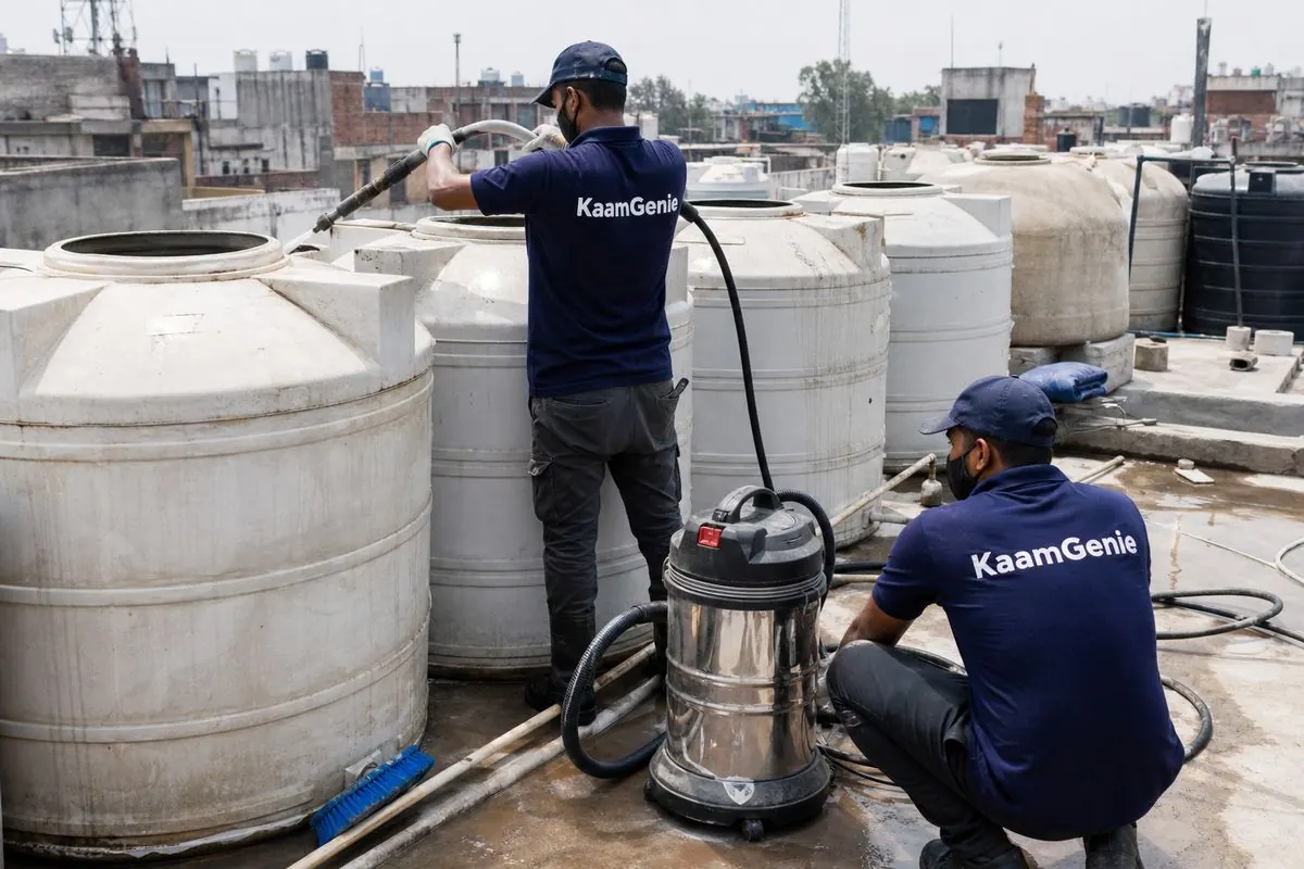 KaamGenie crew cleaning a society water tank in Mangolpuri, Delhi