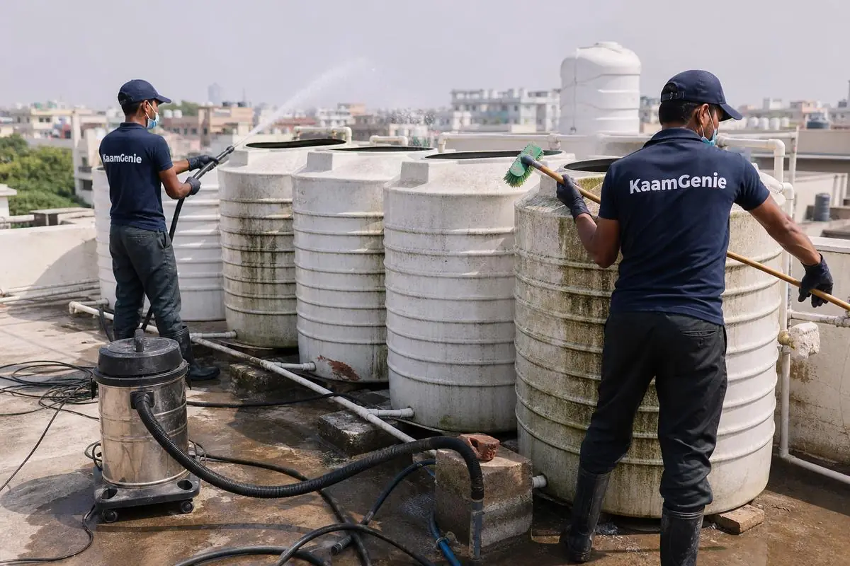 KaamGenie crew cleaning a society water tank in Masjid Moth, Delhi