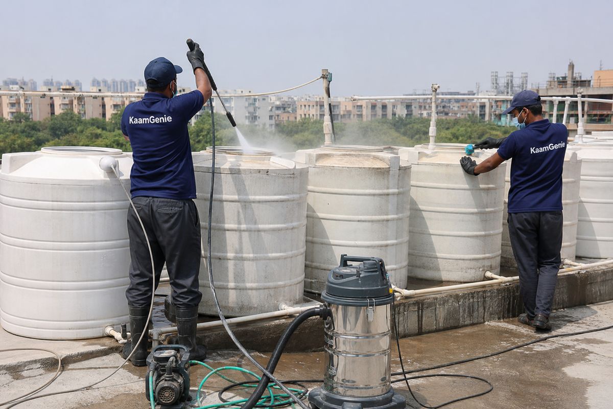 KaamGenie crew cleaning a society water tank in Mayur Vihar Phase 1, Delhi