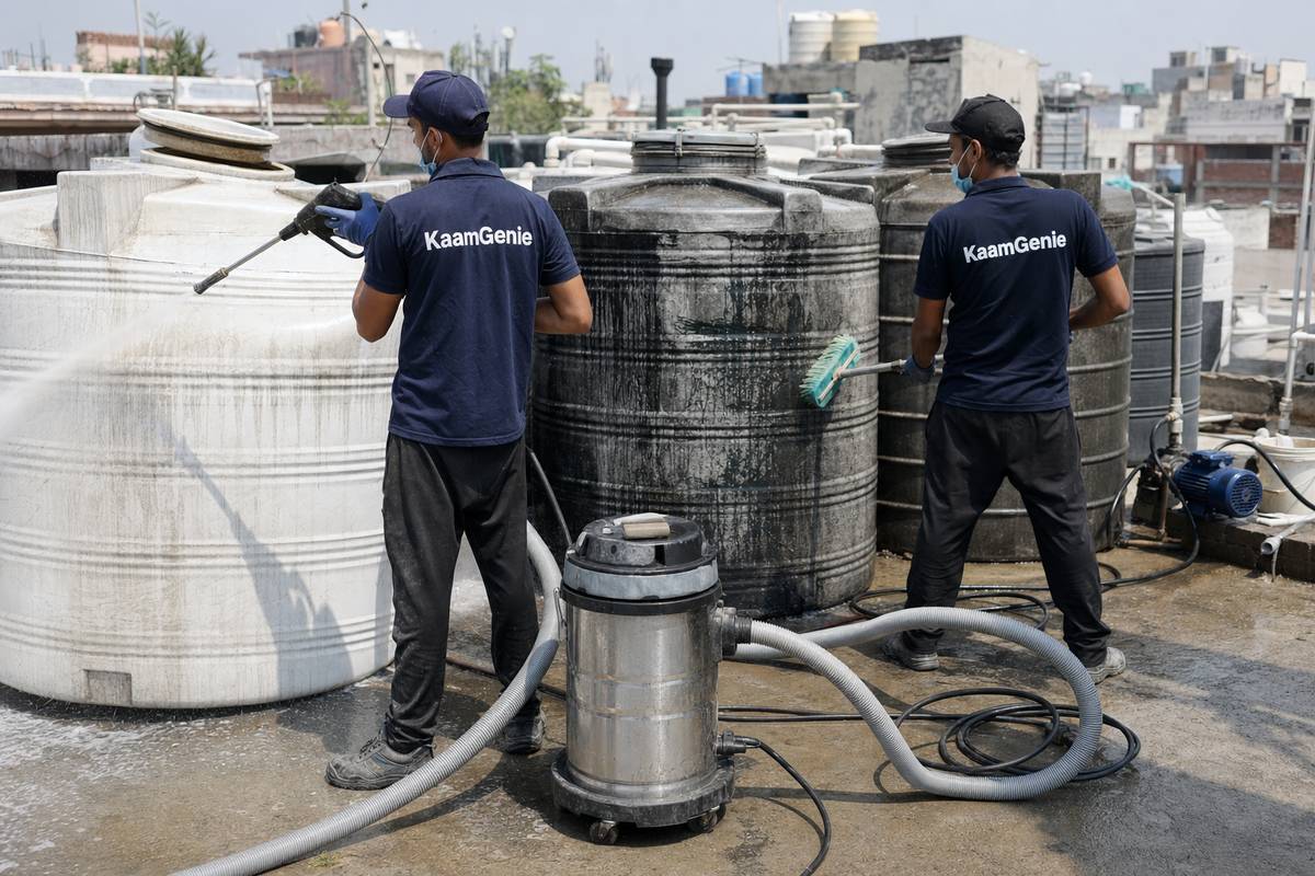 KaamGenie crew cleaning a society water tank in Meethapur, Delhi