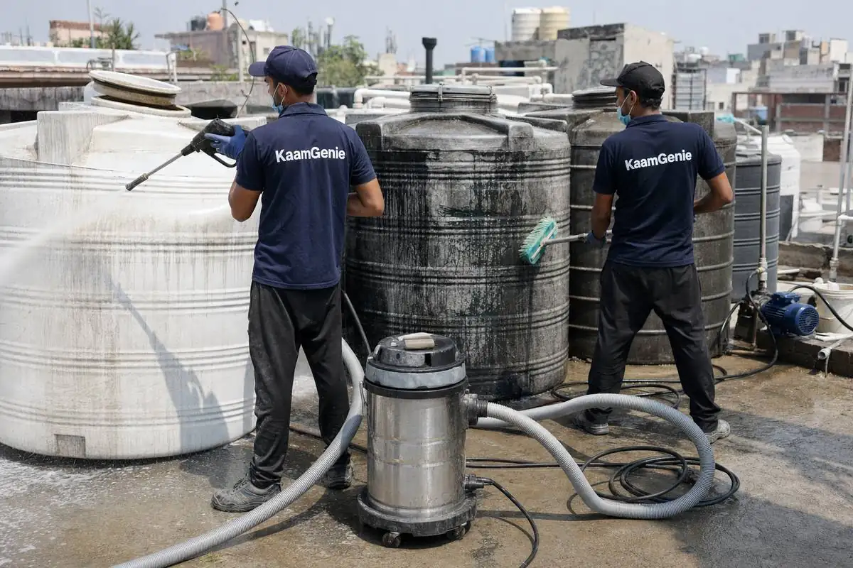 KaamGenie crew cleaning a society water tank in Meethapur, Delhi