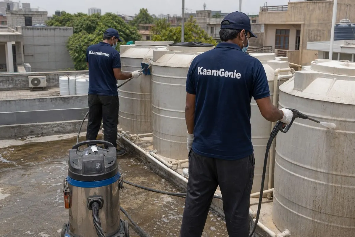 KaamGenie crew cleaning a society water tank in Model Town, Delhi