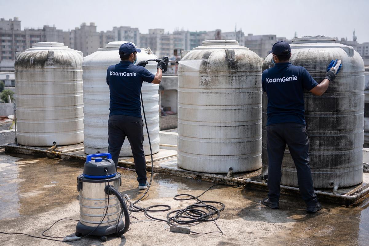 KaamGenie crew cleaning a society water tank in Mohammadpur, Delhi