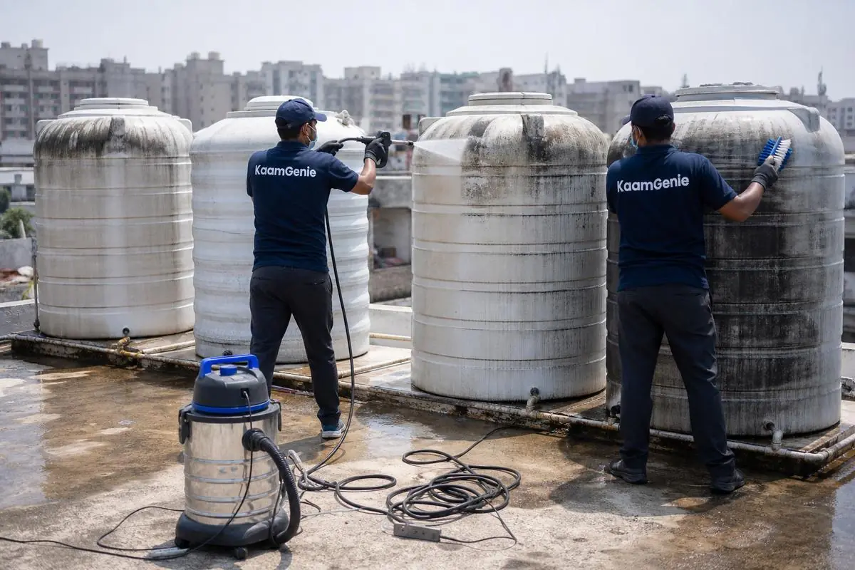 KaamGenie crew cleaning a society water tank in Mohammadpur, Delhi