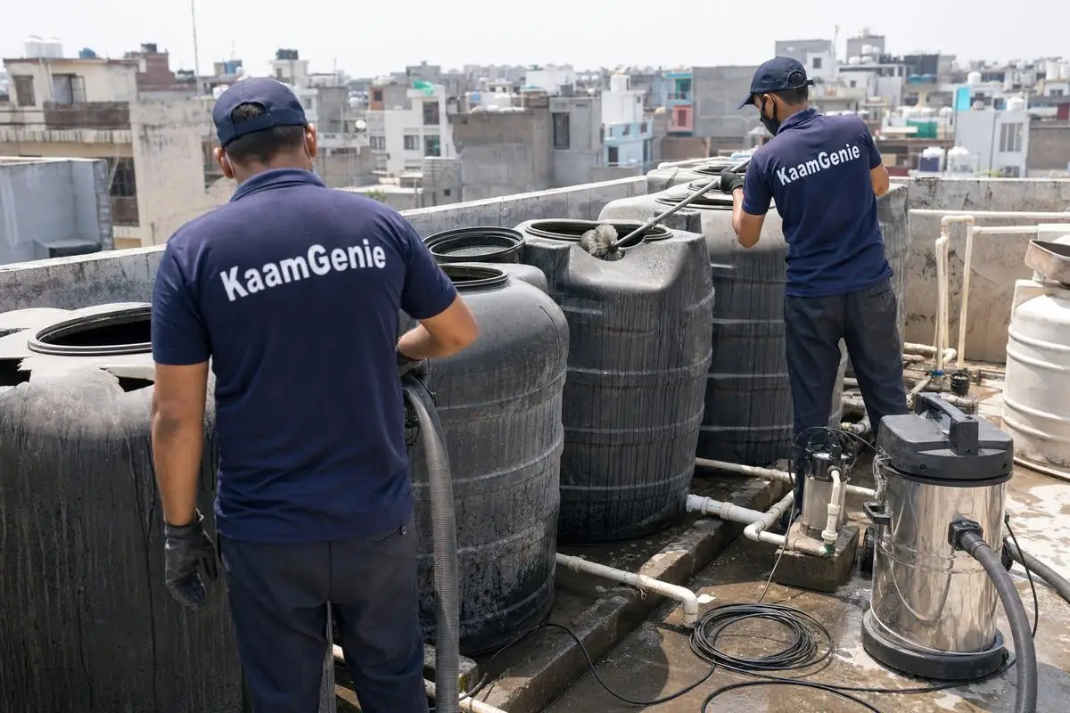 KaamGenie crew cleaning a society water tank in Molarband, Delhi