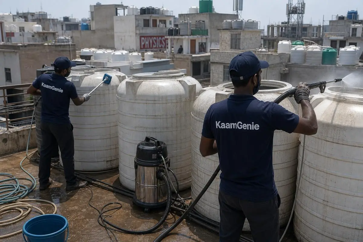 KaamGenie crew cleaning a society water tank in Mukherjee Nagar, Delhi