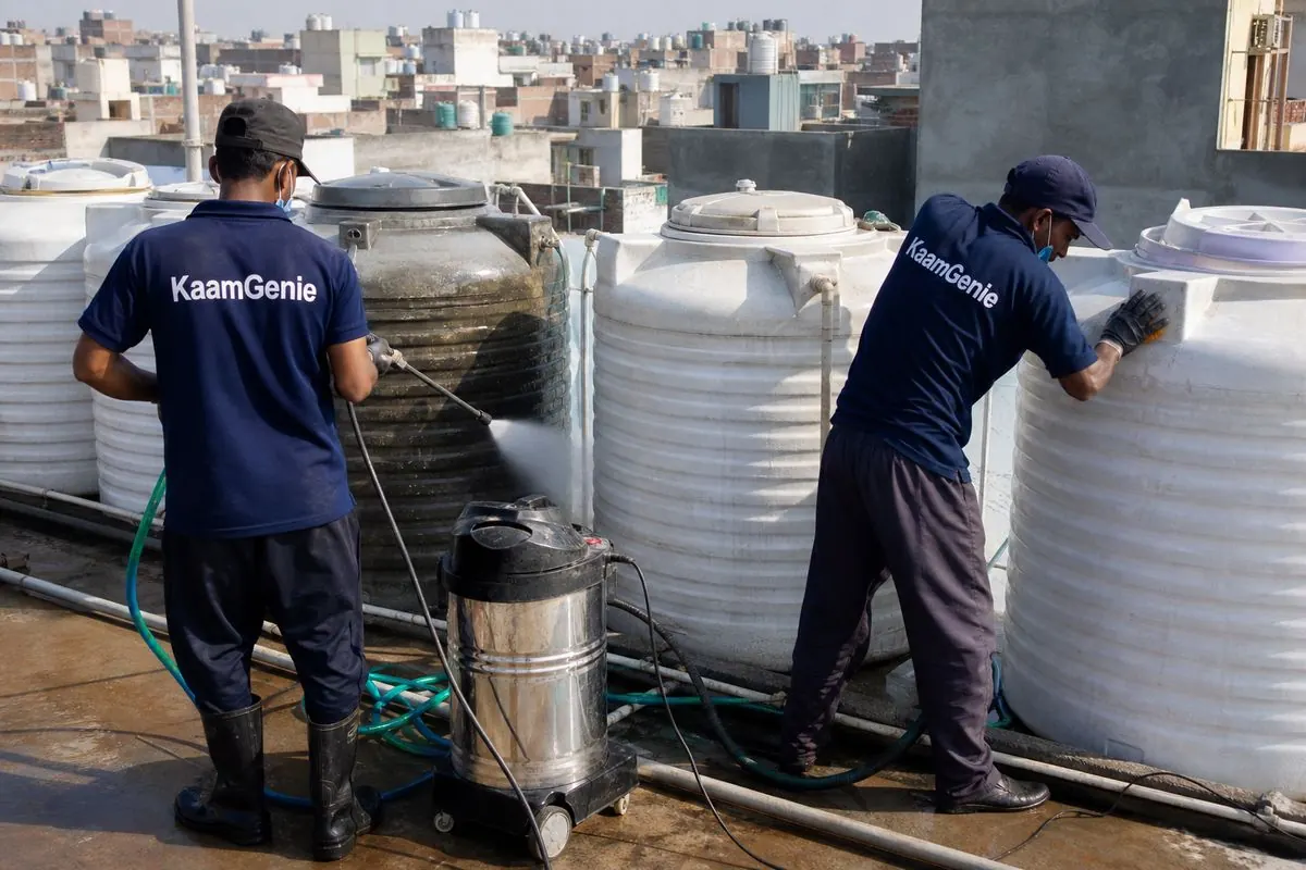 KaamGenie crew cleaning a society water tank in Mukundpur, Delhi
