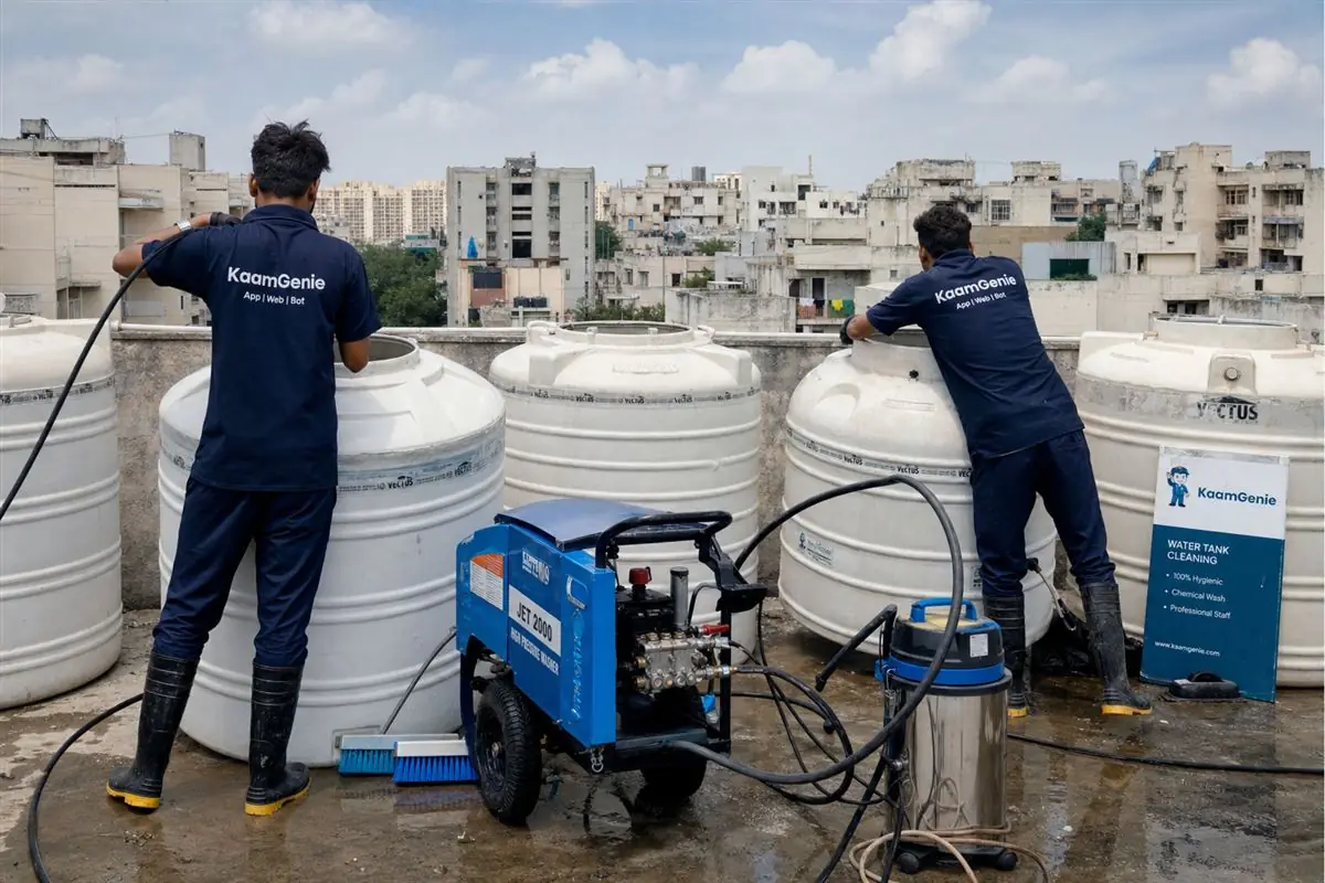 KaamGenie crew cleaning a society water tank in Munirka, Delhi