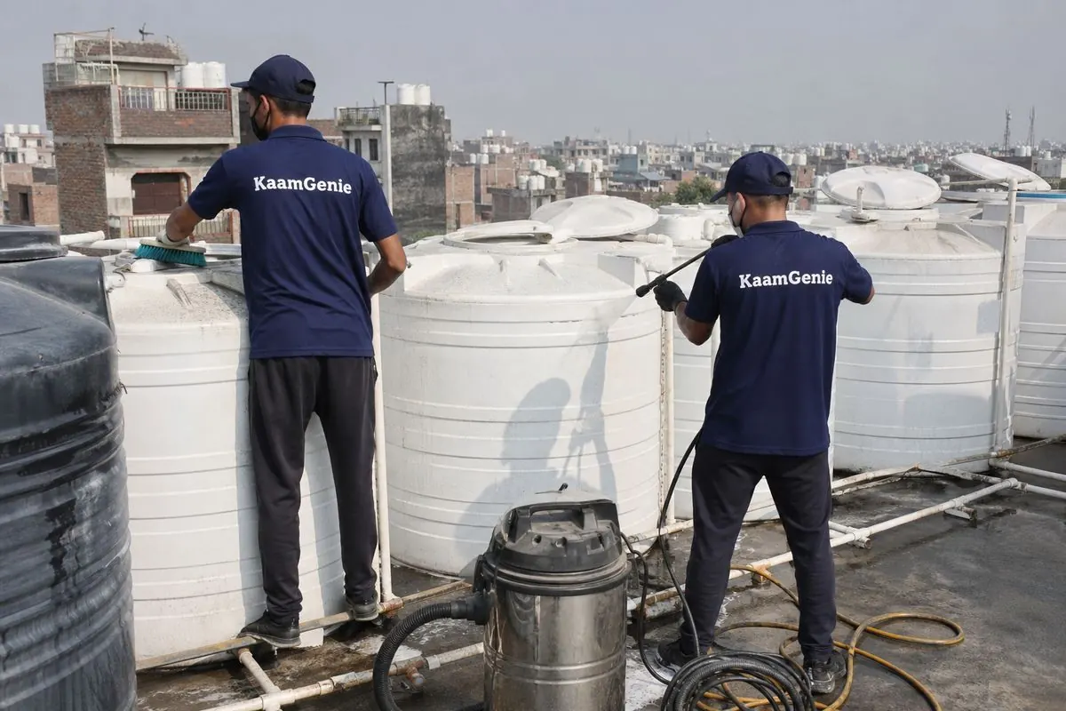 KaamGenie crew cleaning a society water tank in Mustafabad, Delhi