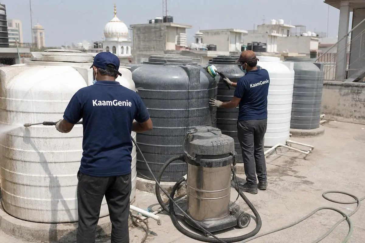 KaamGenie crew cleaning a society water tank in Nanakpura, Delhi