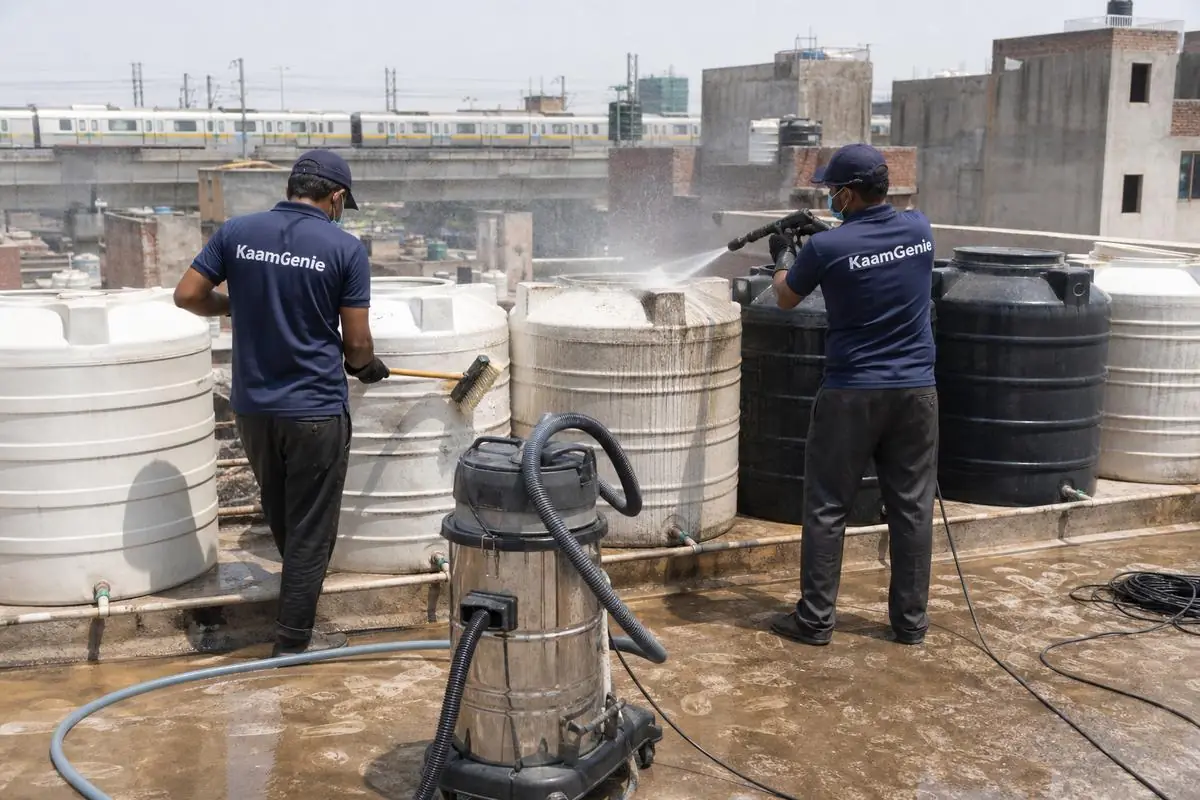 KaamGenie crew cleaning a society water tank in Nangloi, Delhi