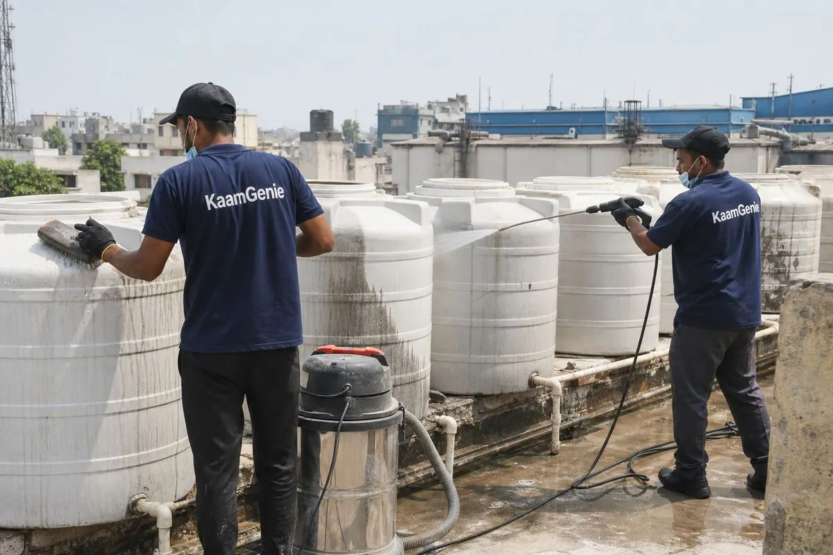 KaamGenie crew cleaning a society water tank in Naraina, Delhi