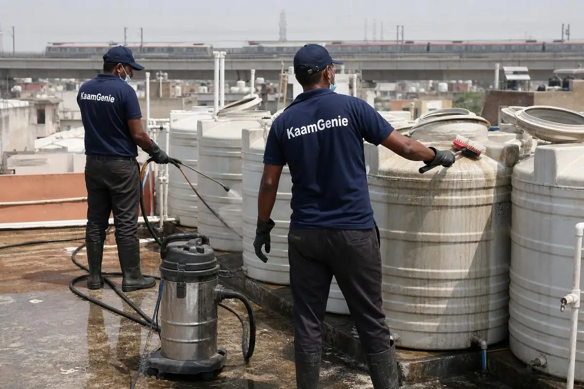 KaamGenie crew cleaning a society water tank in Nawada, Delhi