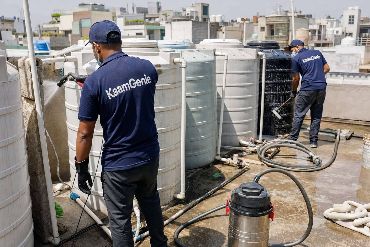 KaamGenie crew cleaning a society water tank in Neb Sarai, Delhi
