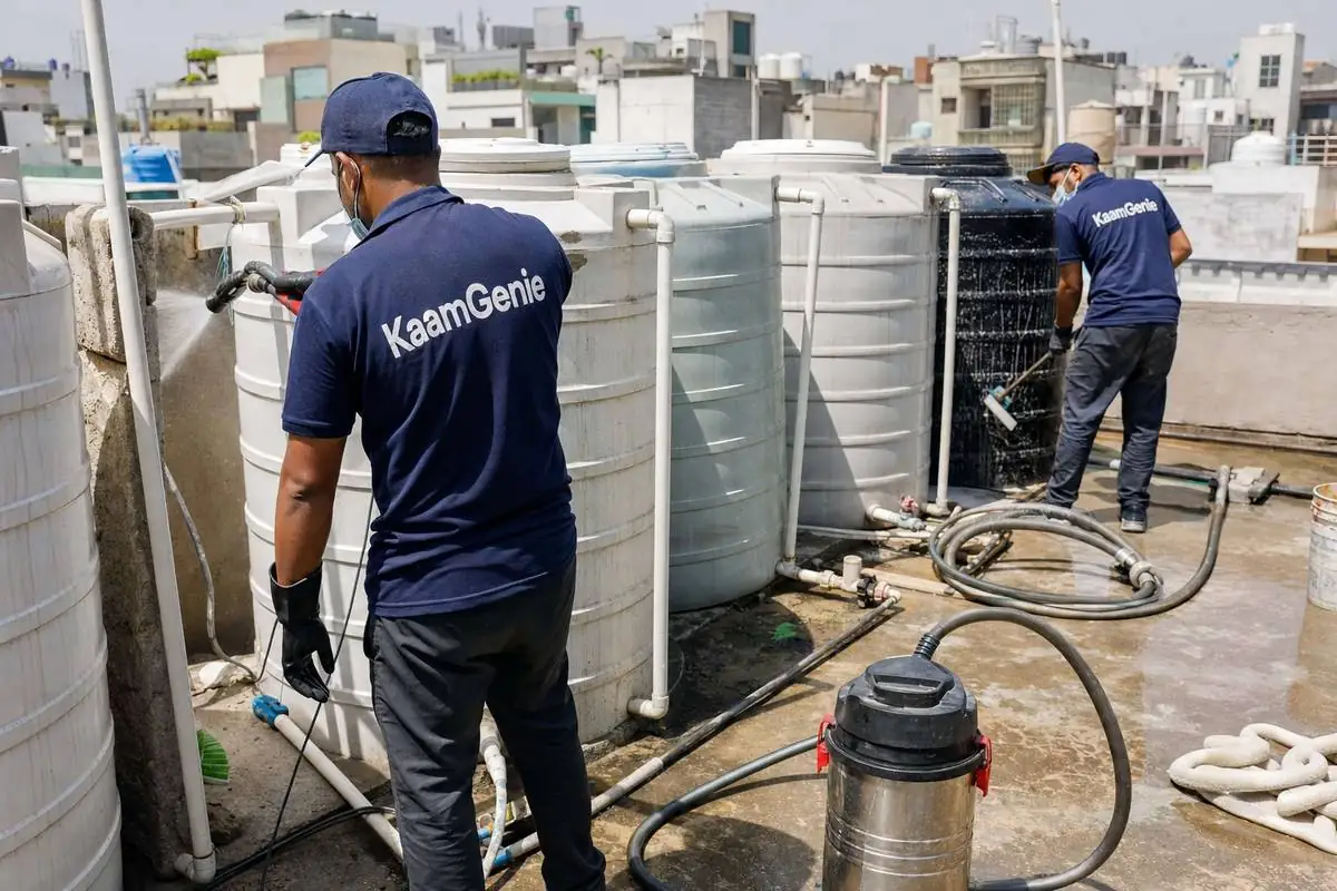 KaamGenie crew cleaning a society water tank in Neb Sarai, Delhi