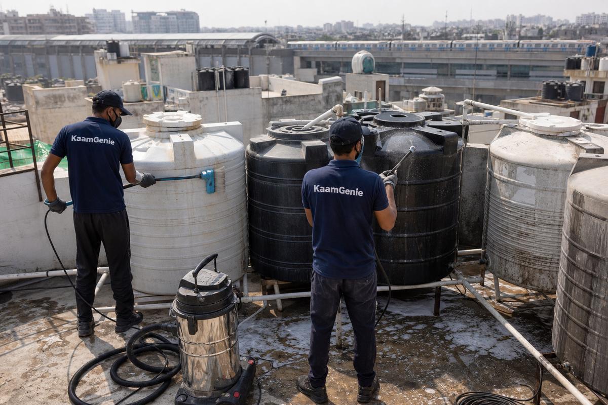 KaamGenie crew cleaning a society water tank in New Ashok Nagar, Delhi
