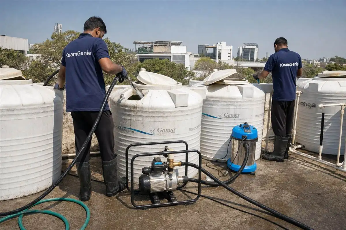 KaamGenie crew cleaning a society water tank in New Friends Colony, Delhi