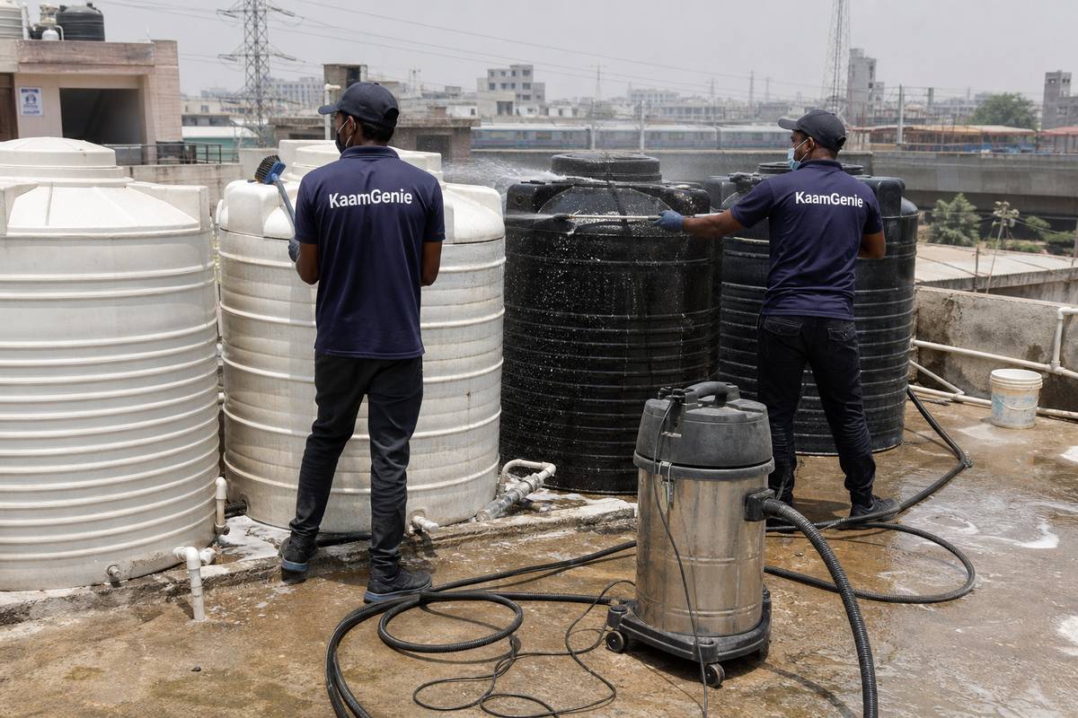 KaamGenie crew cleaning a society water tank in Nirman Vihar, Delhi