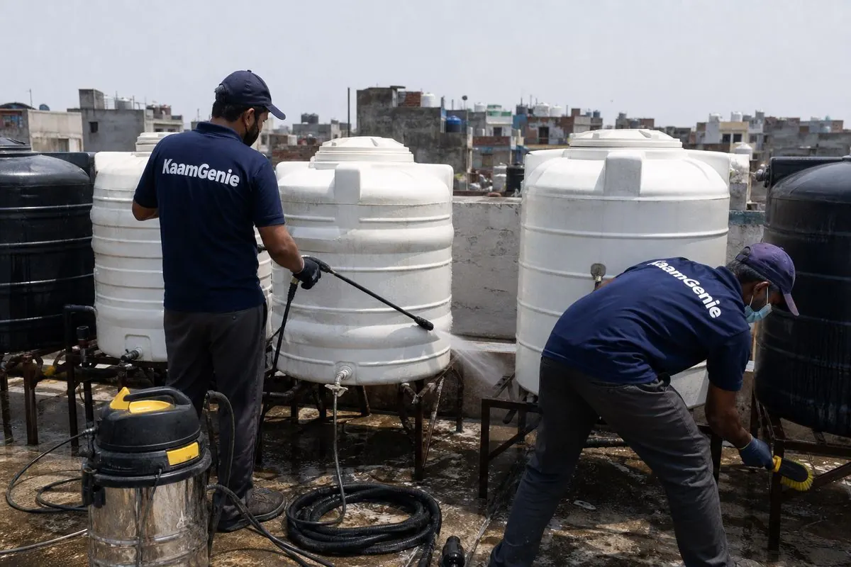 KaamGenie crew cleaning a society water tank in Noor Nagar, Delhi