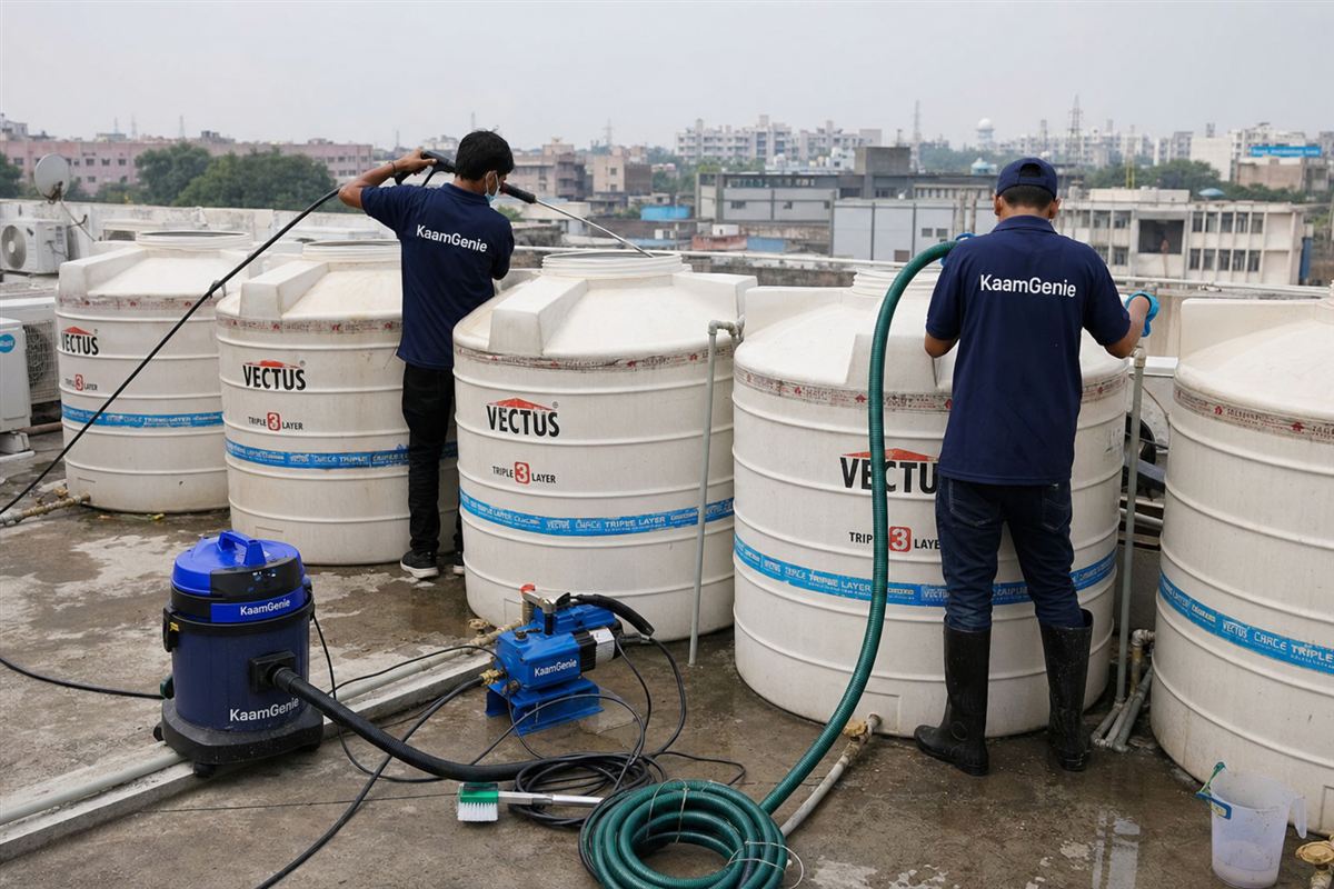 KaamGenie crew cleaning a society water tank in Okhla Phase 1, Delhi