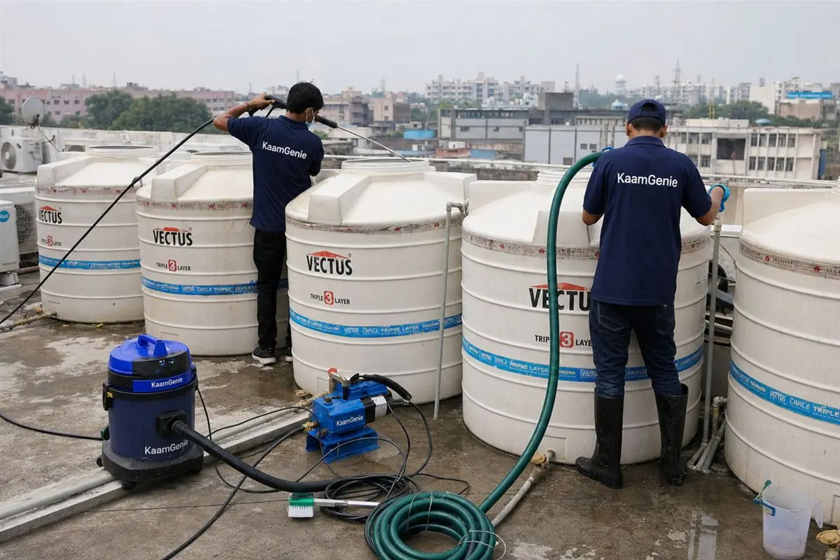 KaamGenie crew cleaning a society water tank in Okhla Phase 1, Delhi