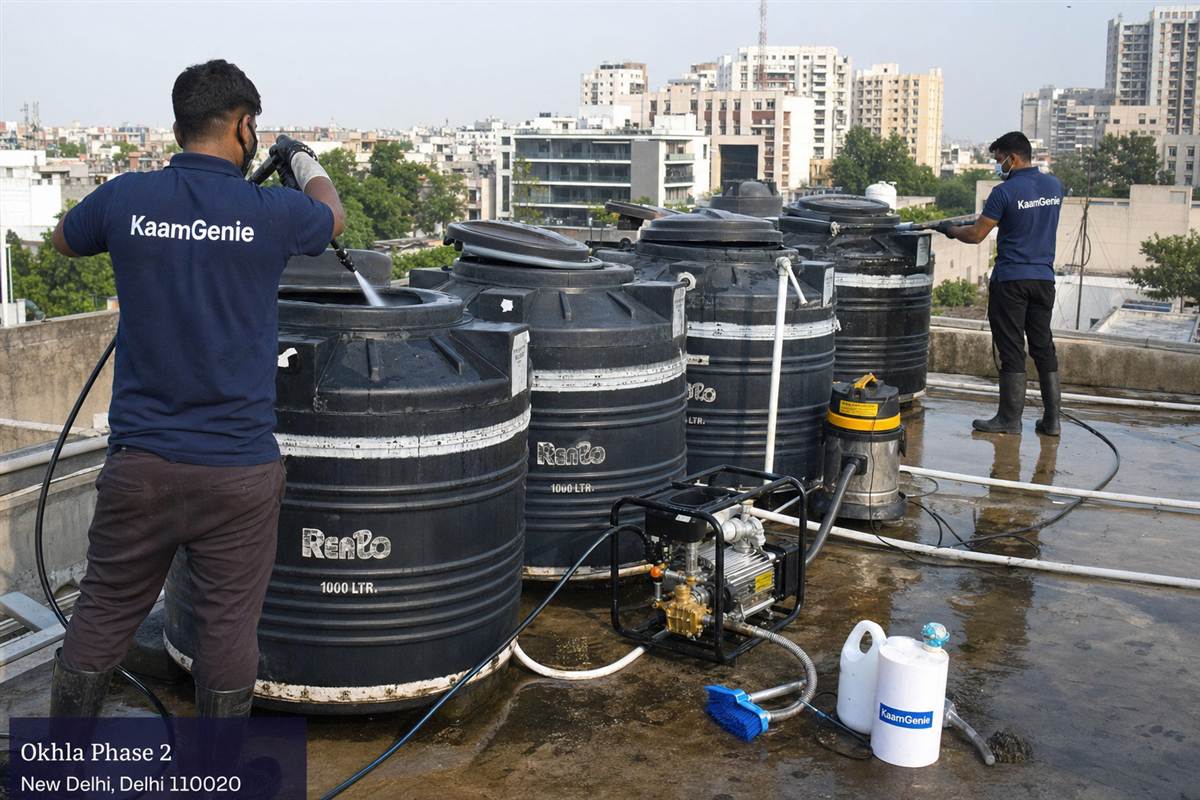 KaamGenie crew cleaning a society water tank in Okhla Phase 2, Delhi