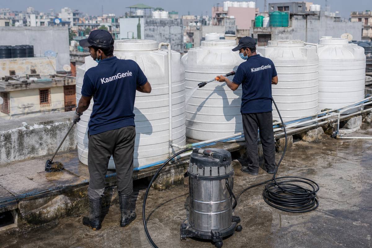 KaamGenie crew cleaning a society water tank in Okhla Vihar, Delhi