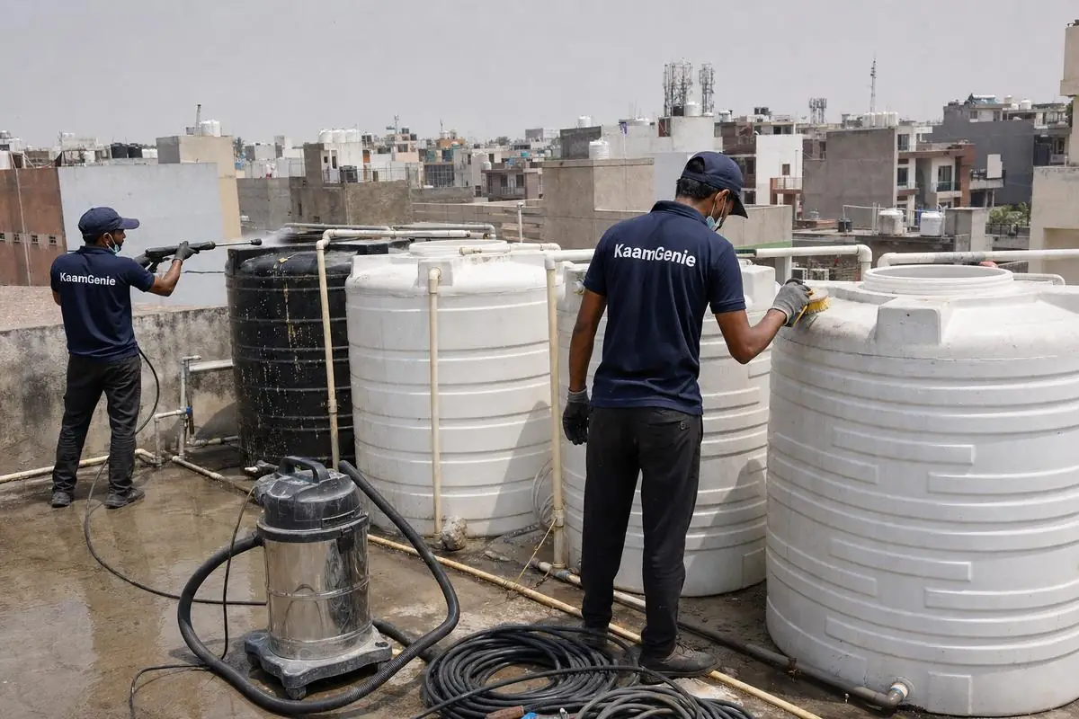 KaamGenie crew cleaning a society water tank in Palam, Delhi