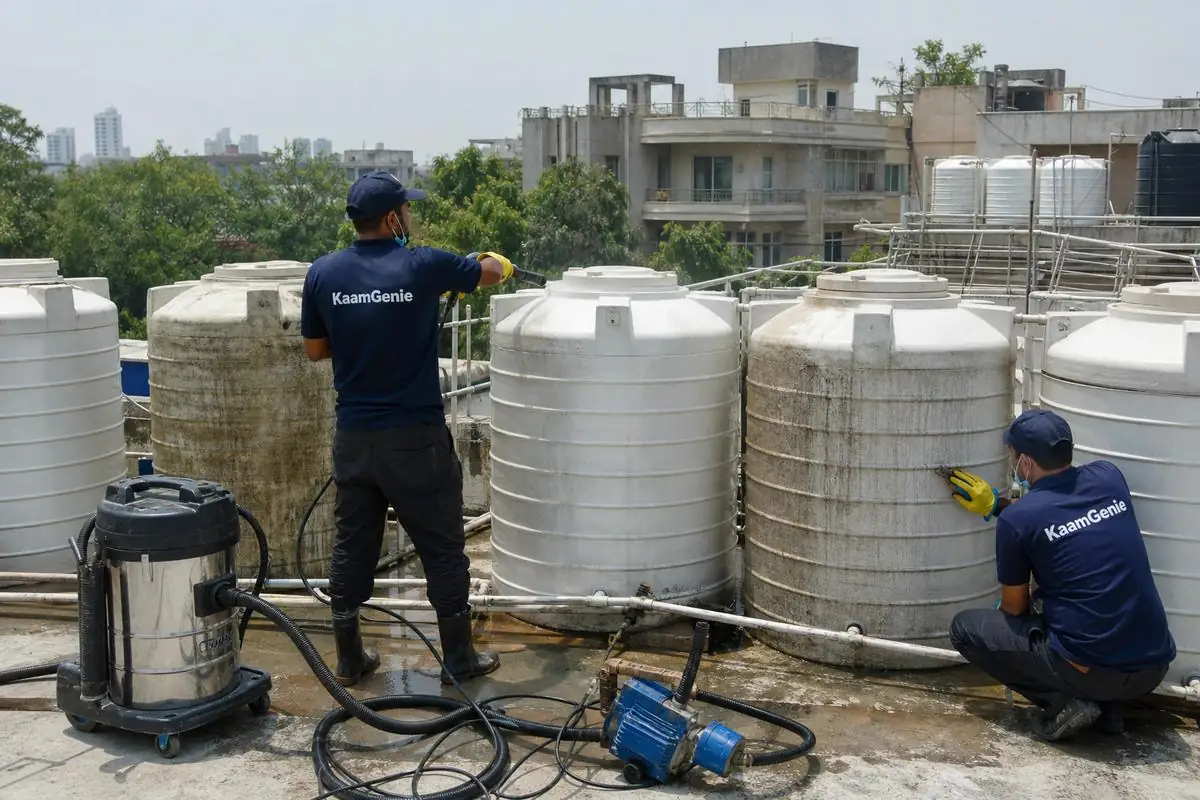 KaamGenie crew cleaning a society water tank in Pamposh Enclave, Delhi