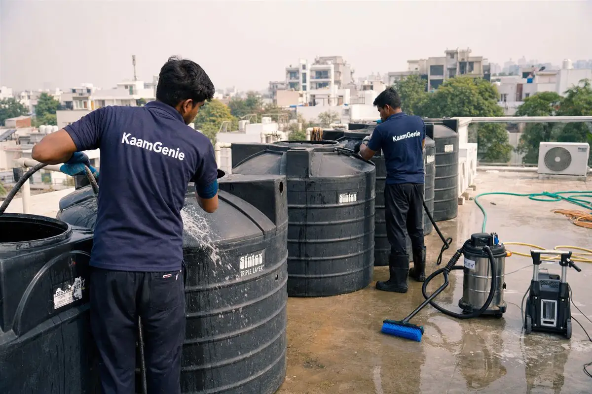 KaamGenie crew cleaning a society water tank in Panchsheel Enclave, Delhi