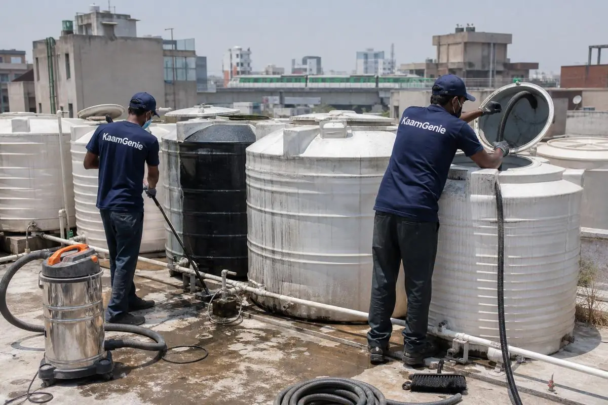 KaamGenie crew cleaning a society water tank in Paschim Vihar, Delhi