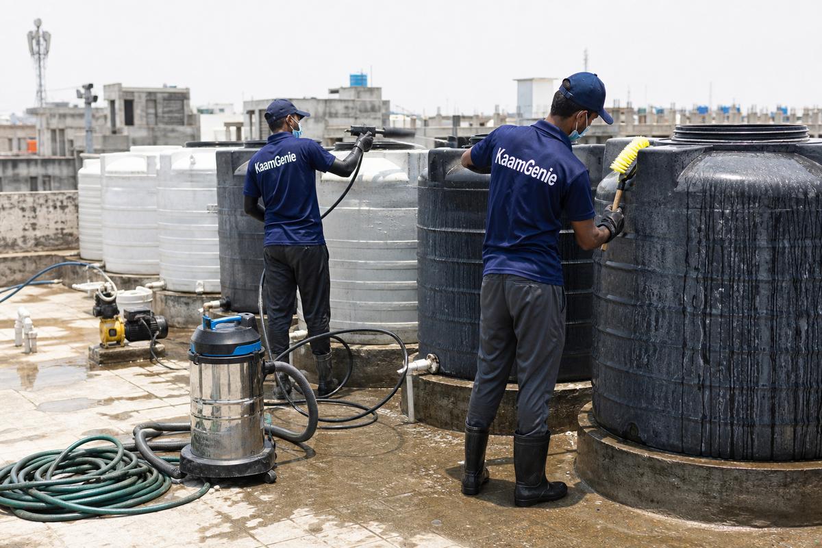 KaamGenie crew cleaning a society water tank in Patparganj, Delhi