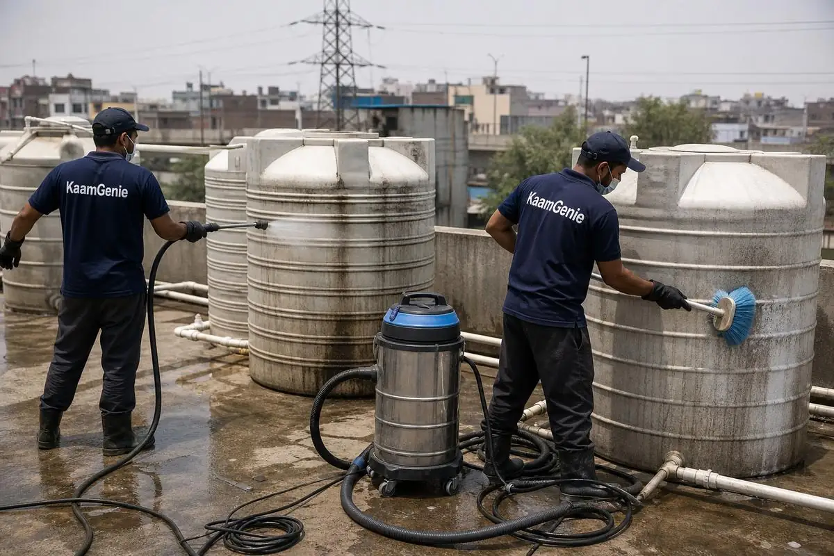 KaamGenie crew cleaning a society water tank in Peeragarhi, Delhi