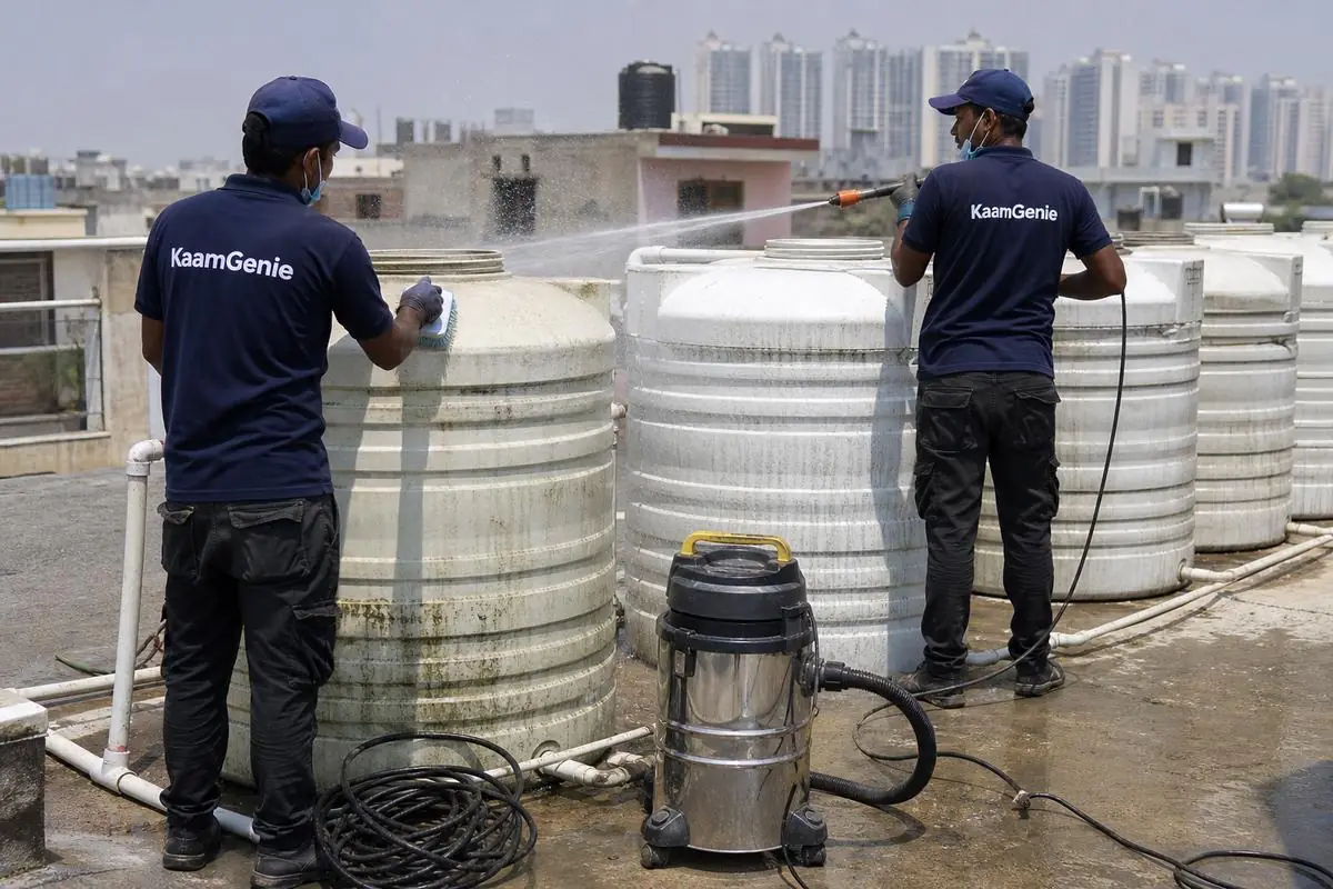 KaamGenie crew cleaning a society water tank in Pooth Kalan, Delhi