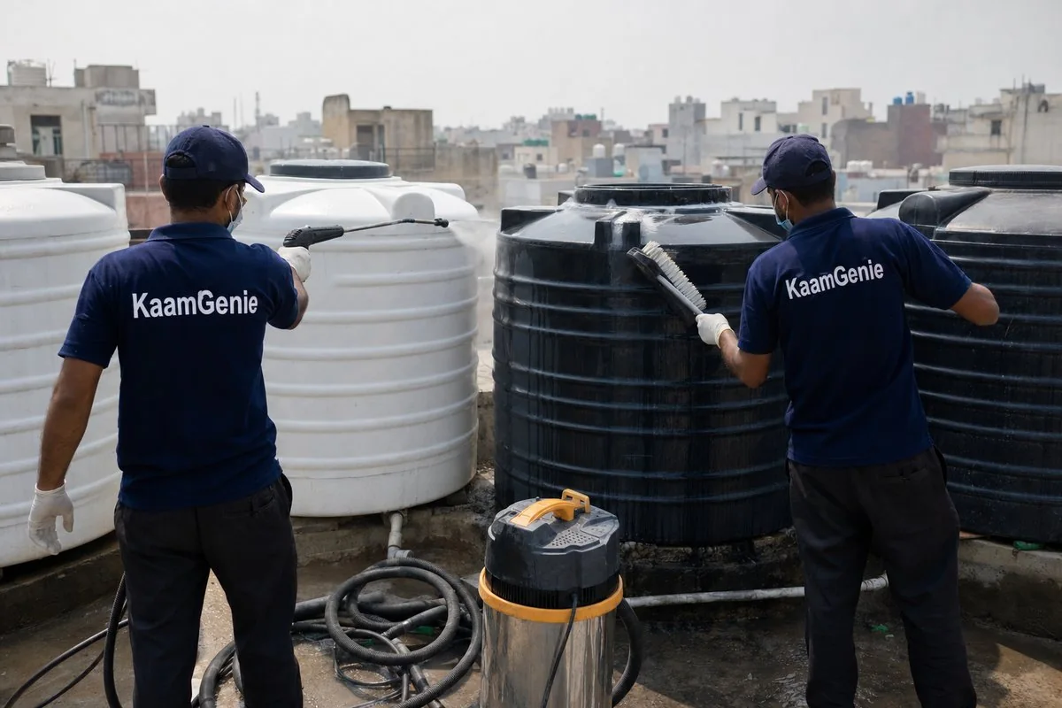 KaamGenie crew cleaning a society water tank in Pragati Vihar, Delhi