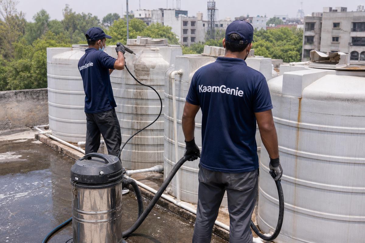 KaamGenie crew cleaning a society water tank in Preet Vihar, Delhi