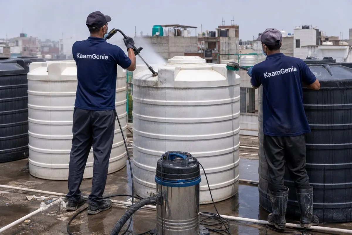 KaamGenie crew cleaning a society water tank in Prem Nagar (Kishan Ganj/Tri Nagar side), Delhi