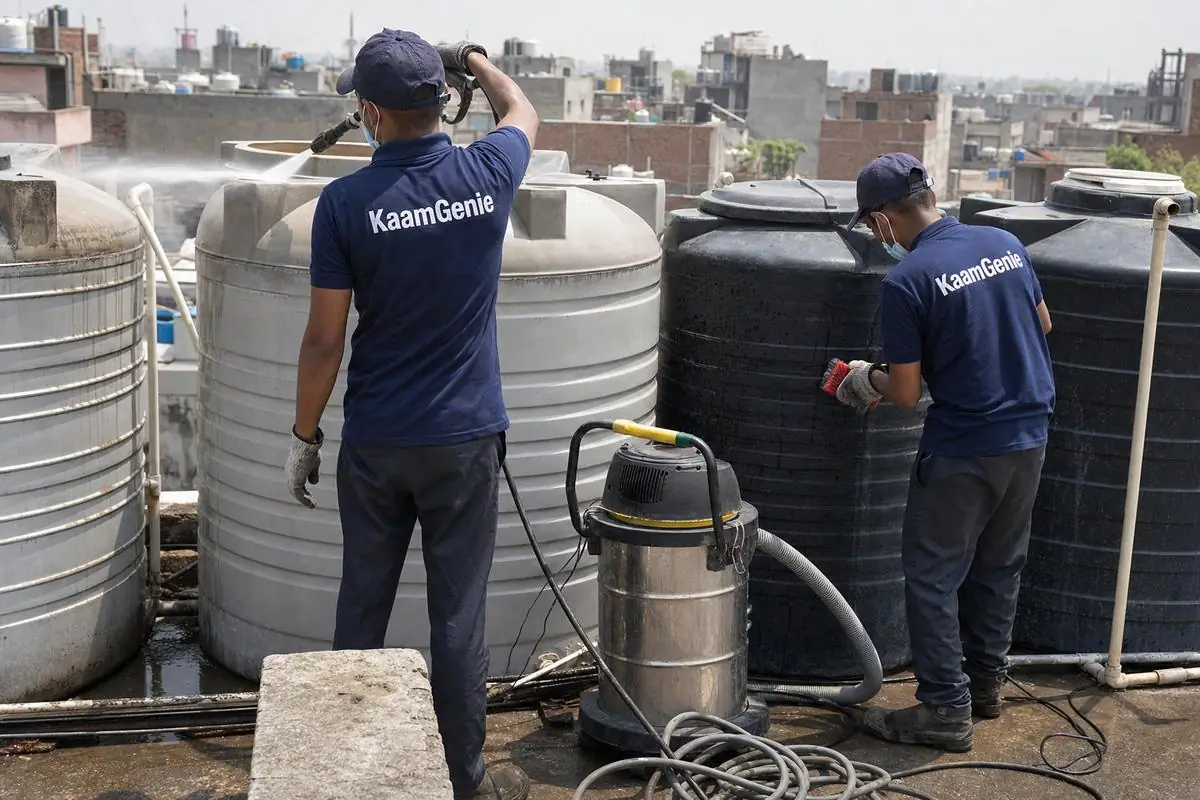 KaamGenie crew cleaning a society water tank in Pul Pahladpur, Delhi