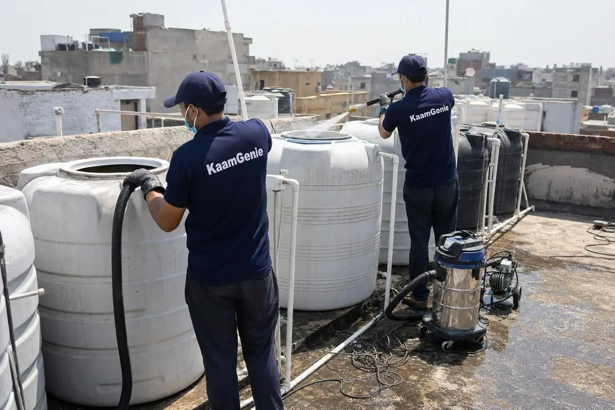 KaamGenie crew cleaning a society water tank in Pul Prahladpur, Delhi