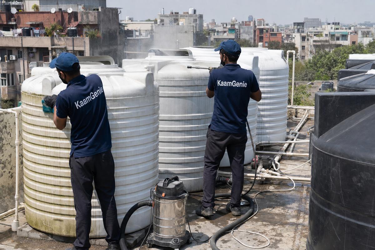 KaamGenie crew cleaning a society water tank in Pushp Vihar, Delhi
